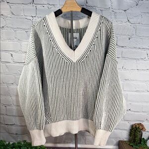 Aerie Beyond Chenille Green and White V-Neck Sweater Oversized